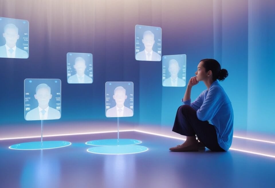 Probable Realities | Woman contemplating digital profiles in futuristic setting
