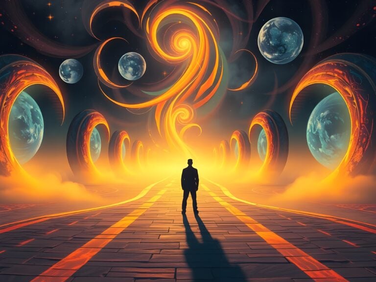 Person on path with swirling portals and planets