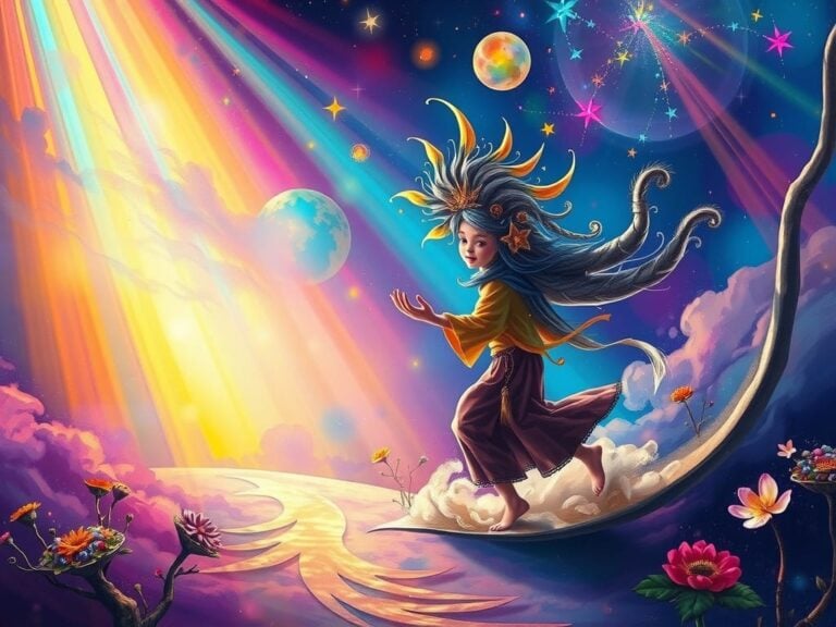 being playful and creative | artwork of woman on crescent moon in cosmic setting