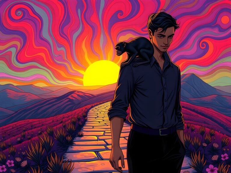 Changing old habits | Man with cat on shoulder walking on mountain path at sunset