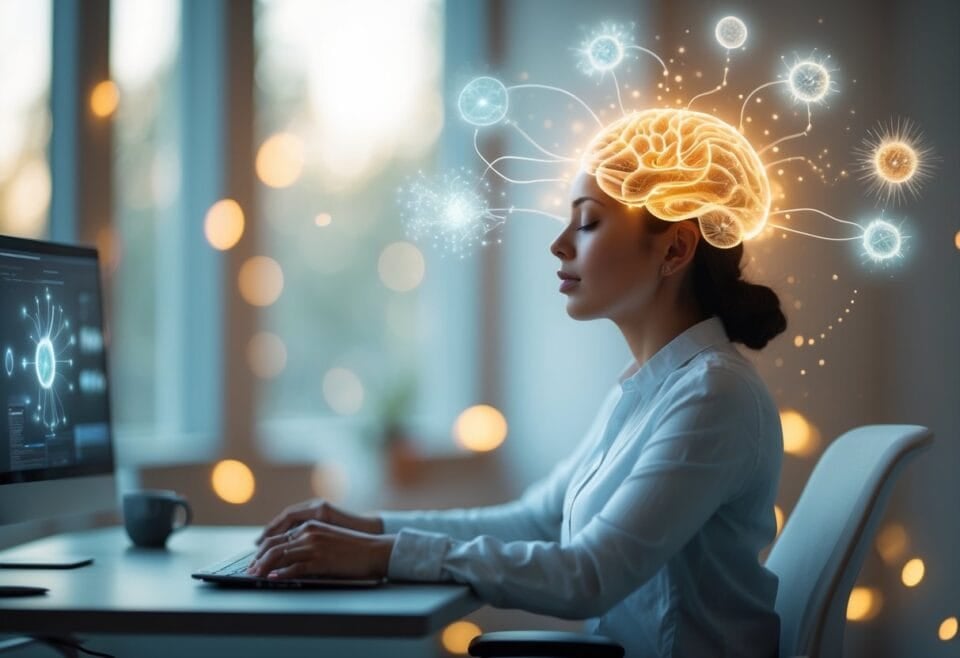 mechanics of consciousness creation | Woman with glowing brain graphics working on computer