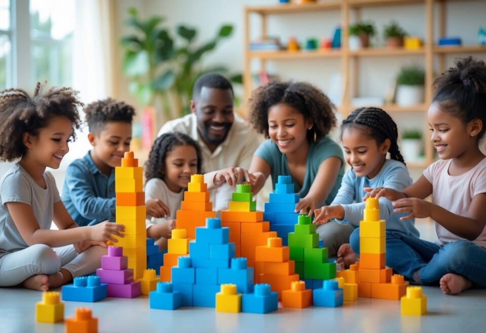 Family happily playing with colorful building blocks
