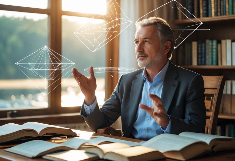 planes of reality | man with virtual holograms gesturing over books