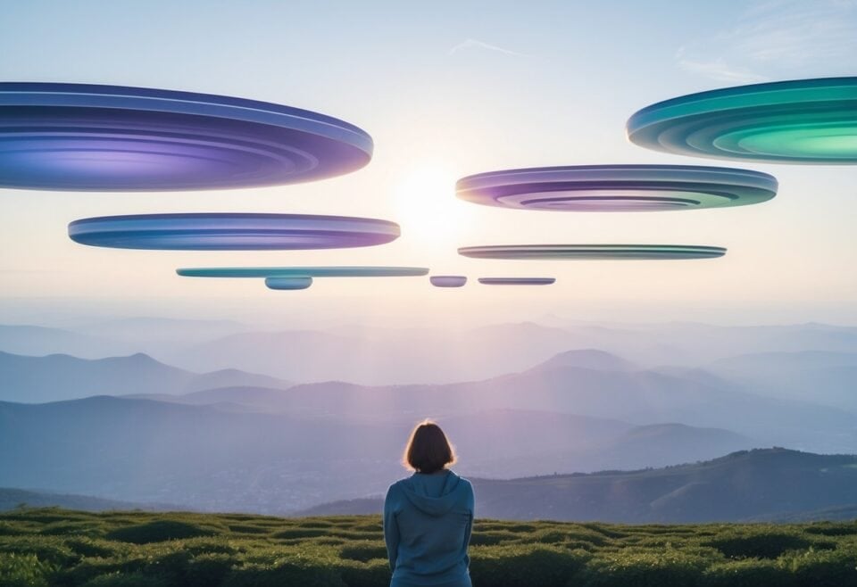 planes of reality | Woman watching floating colorful discs above mountains at sunset
