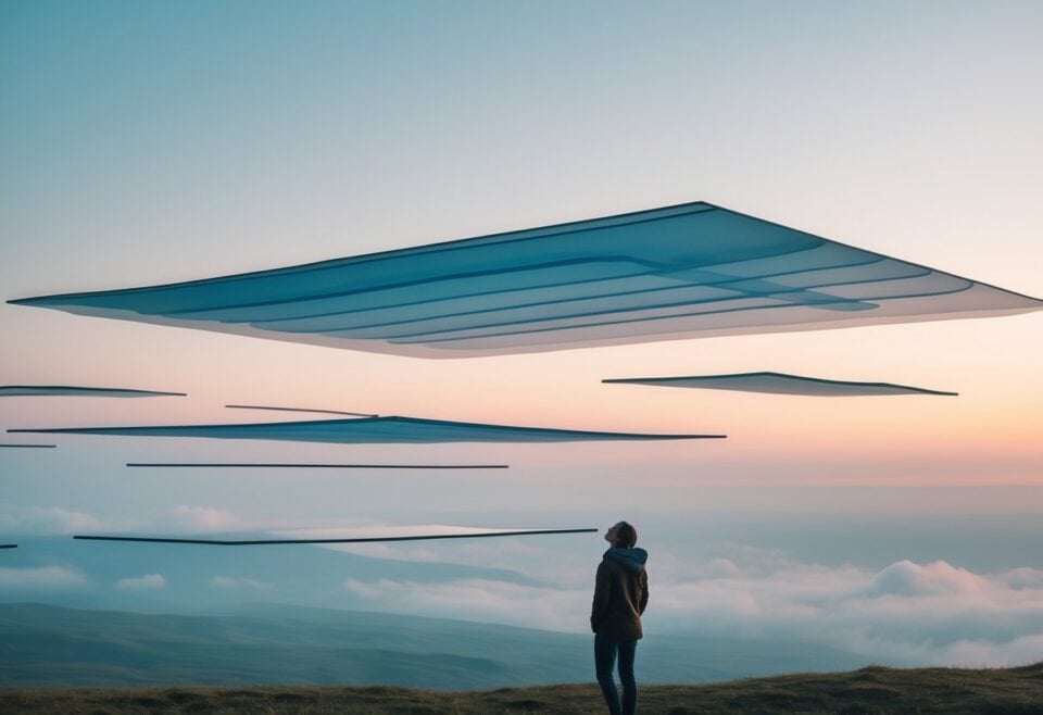 planes of reality | Surreal landscape with futuristic floating structures above a person and mountains.