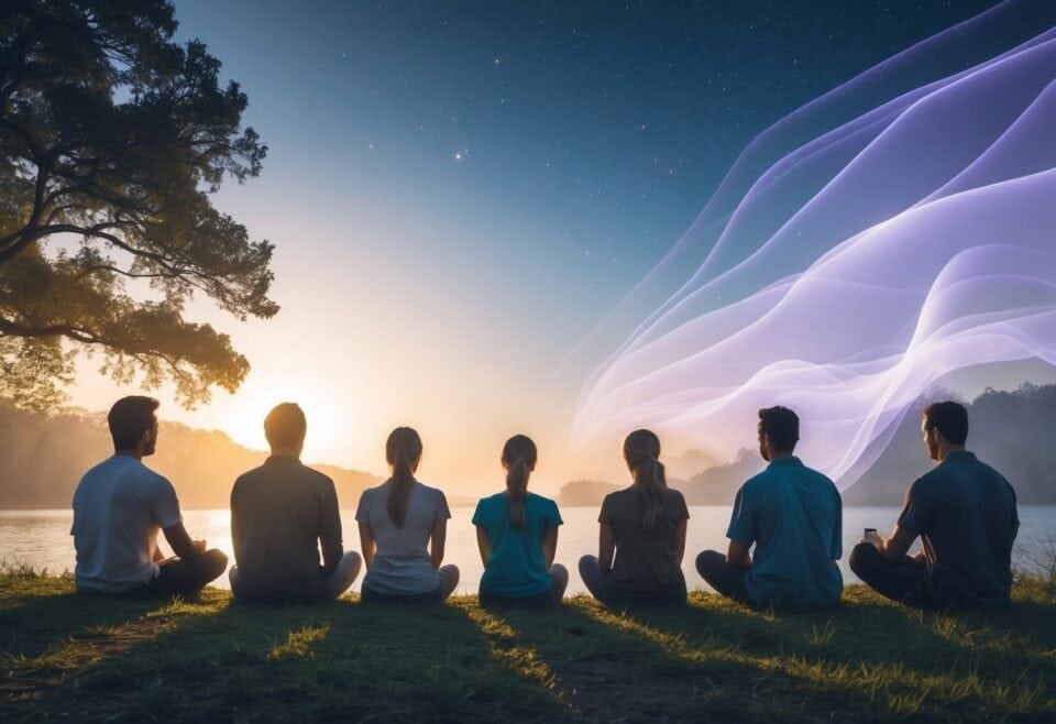 planes of reality | Group meditation by lake at sunrise with ethereal lights