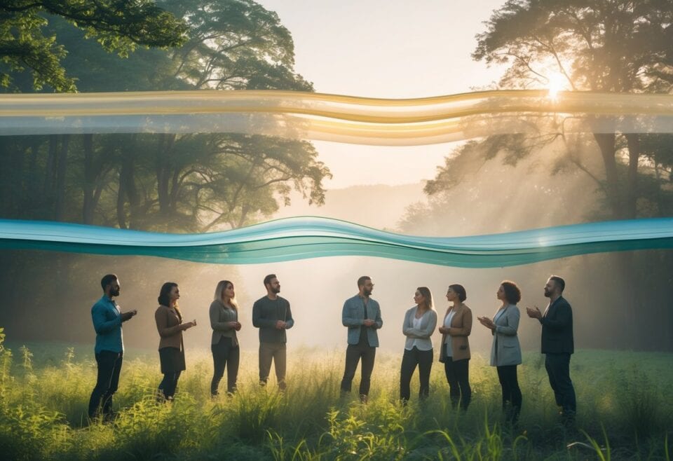 planes of reality | Diverse group discussing in misty, sunlit forest