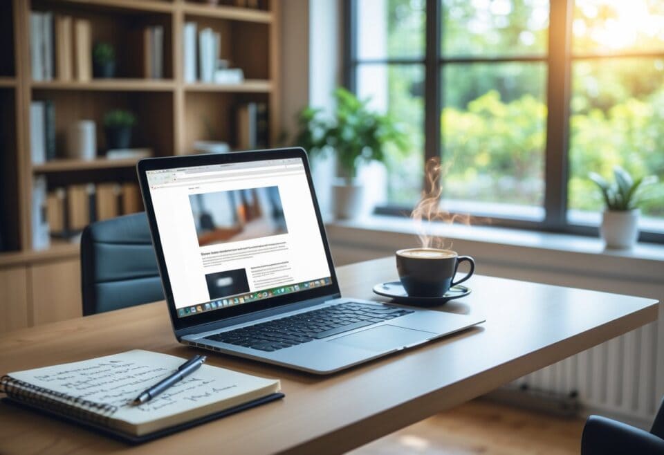 Without Our Consciousness Reality Does Not Exist | Laptop with website open, coffee cup, sunny desk workspace