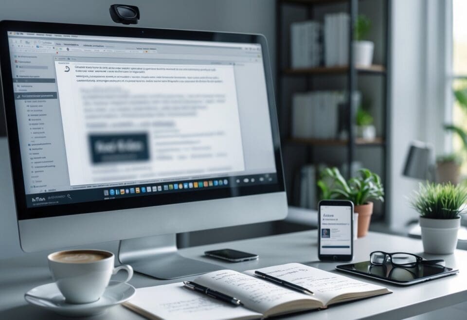 Without Our Consciousness Reality Does Not Exist | Modern workspace with computer, coffee, and smartphone.