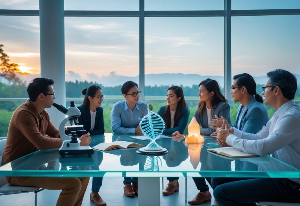 Without Our Consciousness Reality Does Not Exist | Scientists discussing with DNA model and microscope