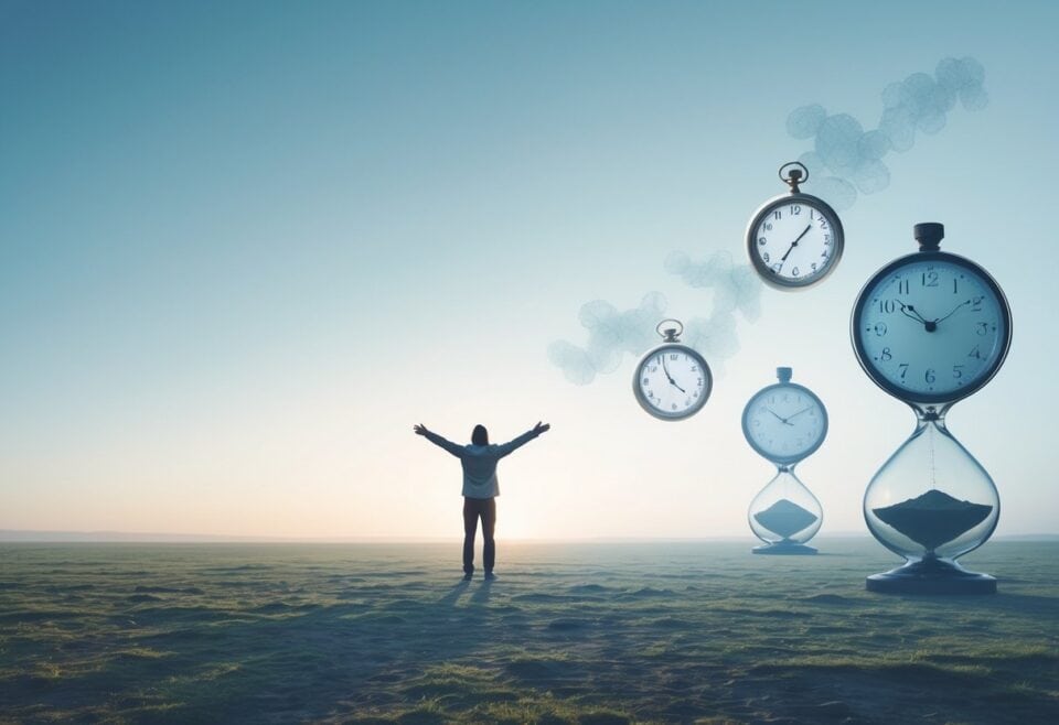Person celebrating time concept with floating clocks and hourglass