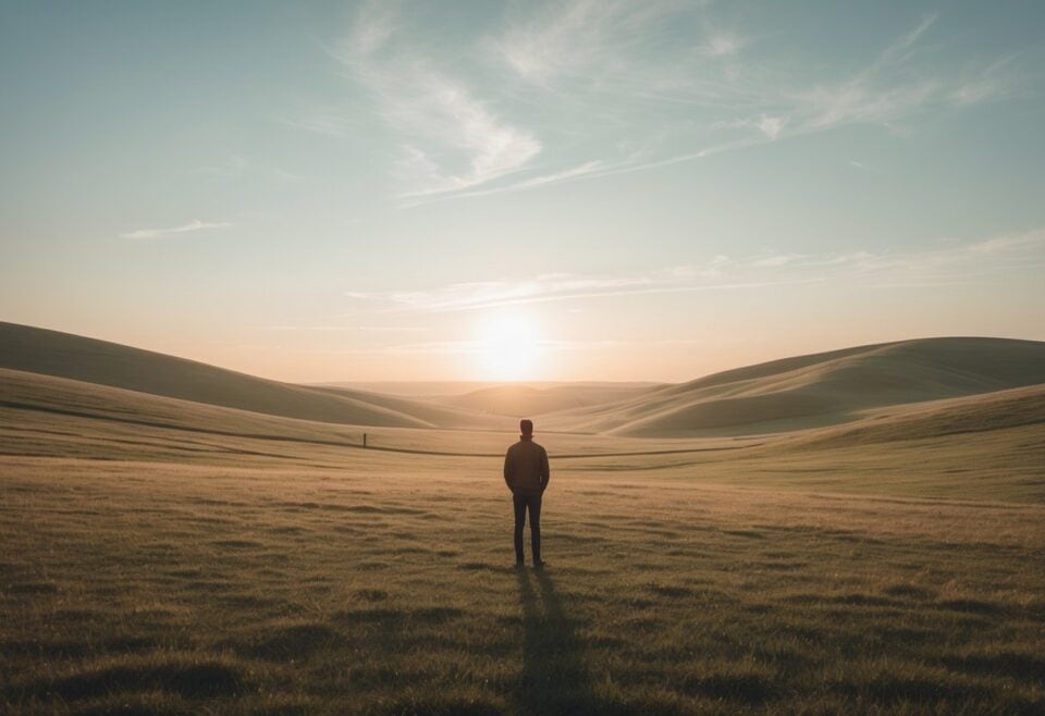 Person standing in vast, rolling sunlit hills