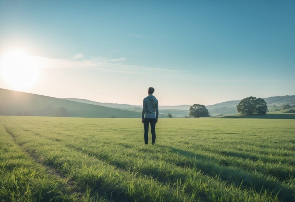 Person standing in sunny green field at dawn