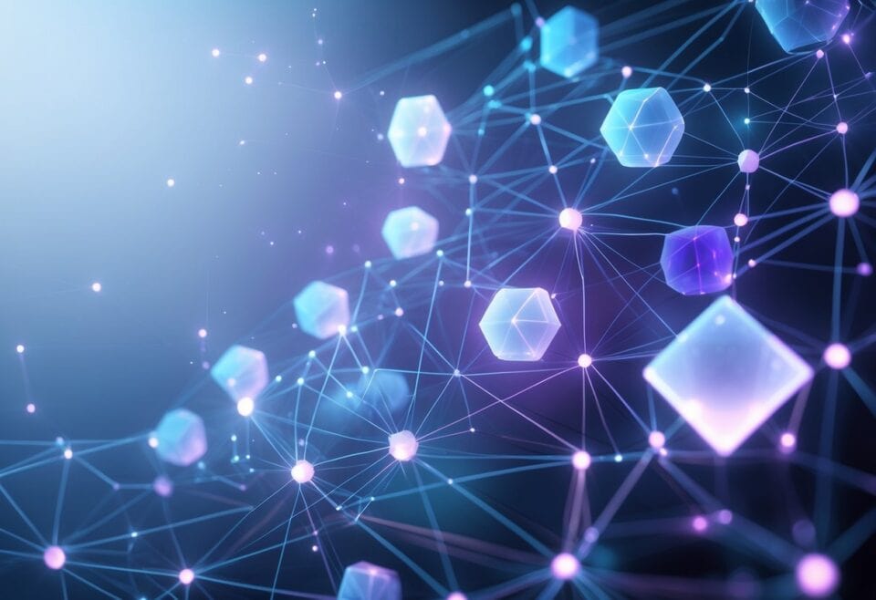 Abstract network of connected blue and purple nodes