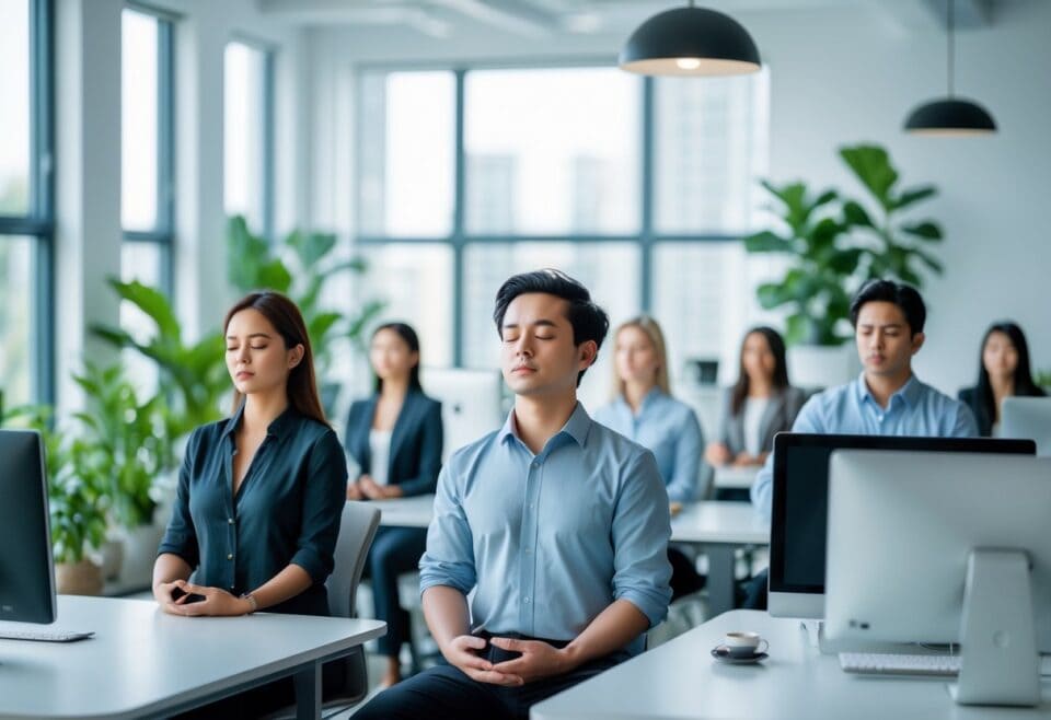Office workers meditating at desks for mindfulness session
