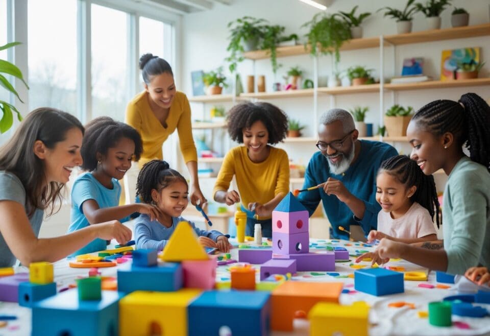 Family building colorful structures with blocks and paint