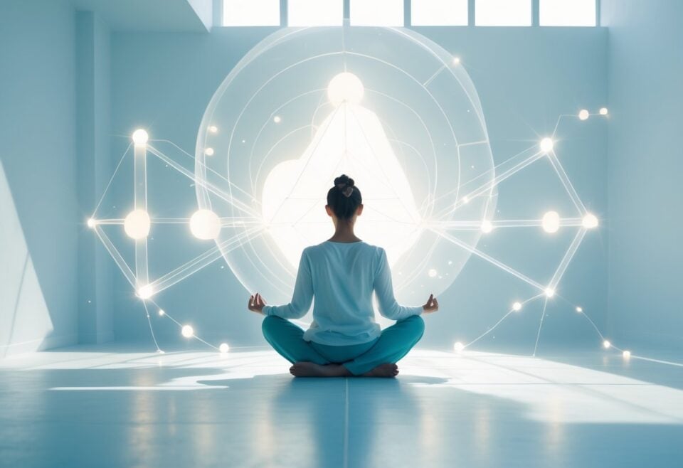 mechanics of consciousness creation | Woman meditating in futuristic glowing geometric space