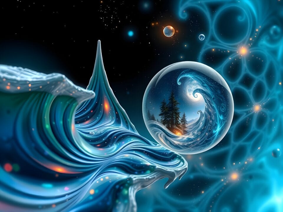 Surreal cosmic waves and forest encapsulated within a sphere.