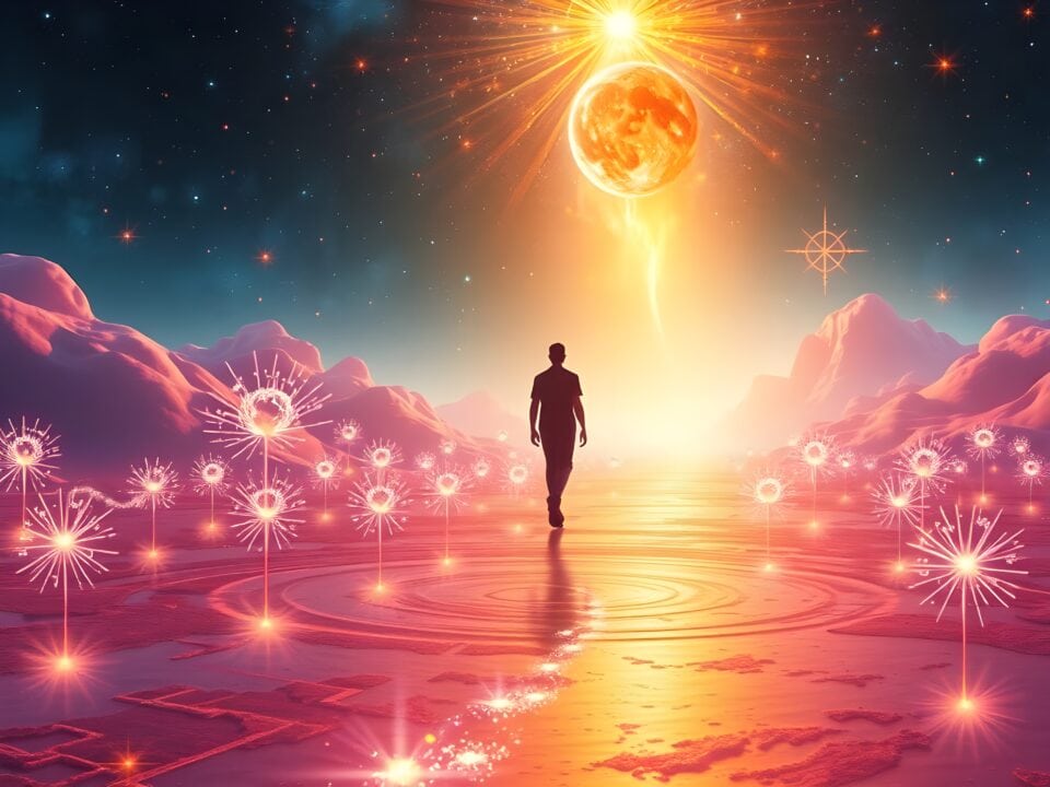 Person explores surreal glowing landscape with celestial bodies