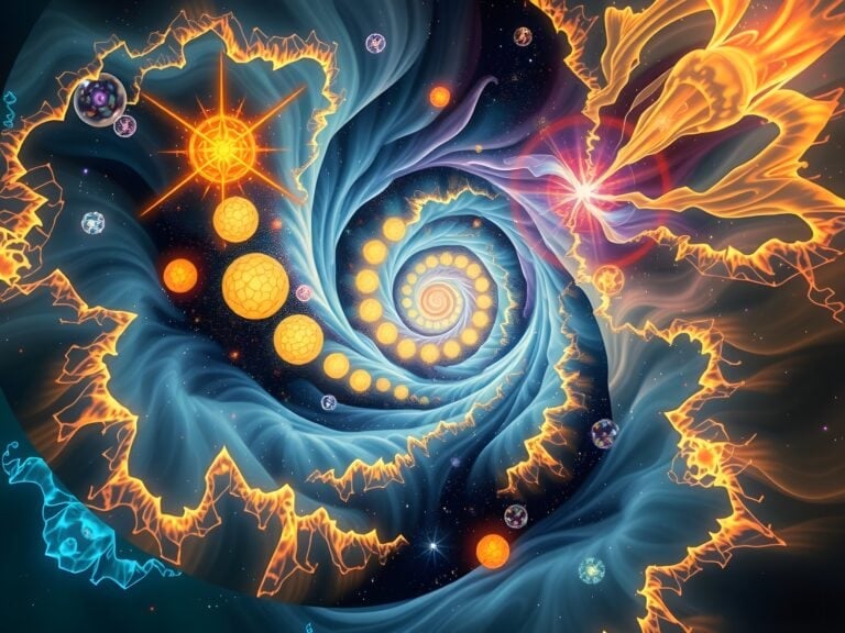 Planes of existence | Vibrant cosmic swirl with glowing celestial bodies.