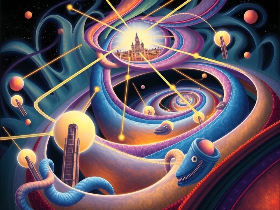 Planes of existence | Surreal colorful space scene with whimsical buildings and creatures