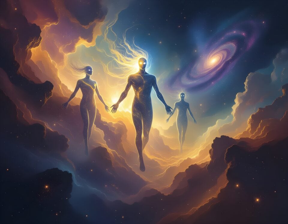 seth, seth 2 and all-that-is | Glowing celestial beings float through cosmic clouds near galaxy