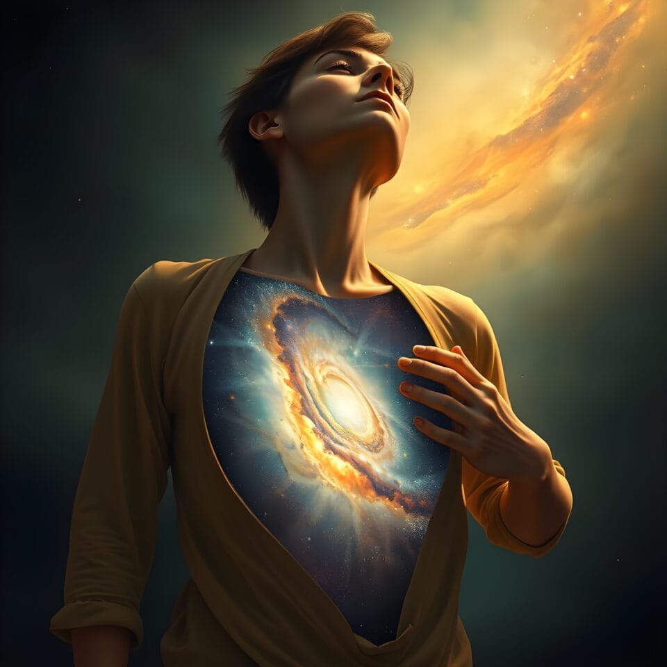 the greater web of consciousness | Person with cosmic galaxy image on chest gazes upwards.