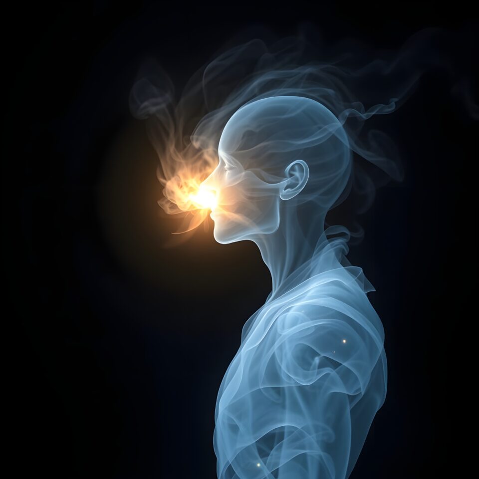 the greater web of consciousness | Digital illustration of person exhaling bright light
