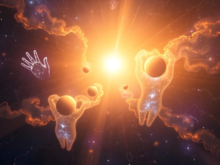 the greater web of consciousness | Ethereal cosmic scene with glowing celestial beings