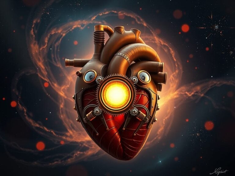 the mechanics of ‘conscious creation’ | Steampunk heart illustration against cosmic backdrop