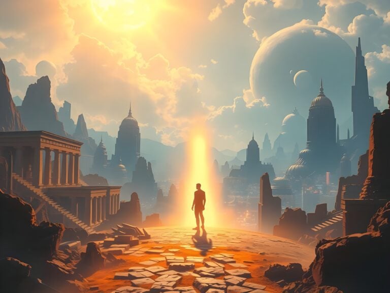 the spacious present | Silhouetted figure in futuristic cityscape at sunset