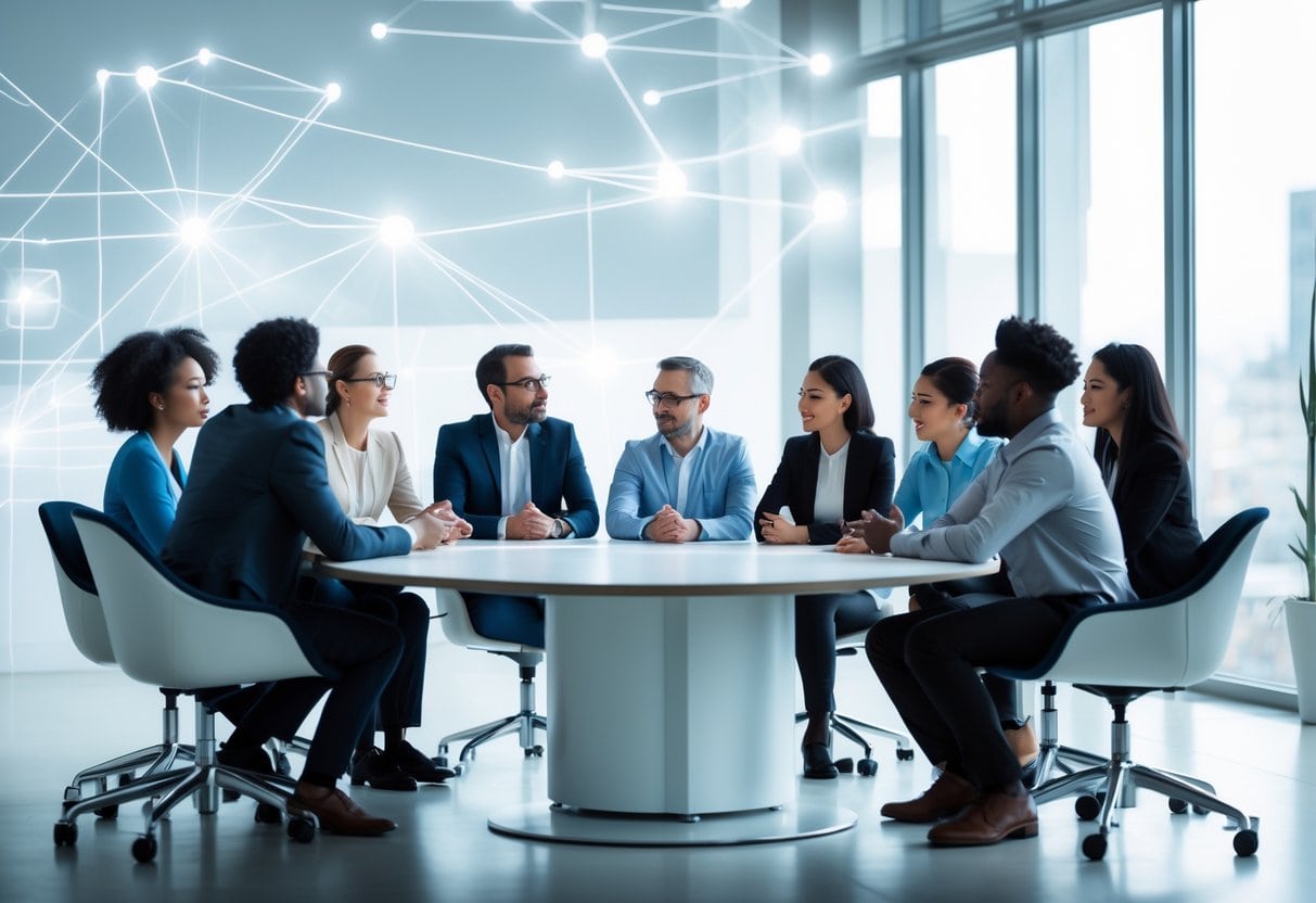 A diverse group of people having a thoughtful discussion around a conference table in a bright office.