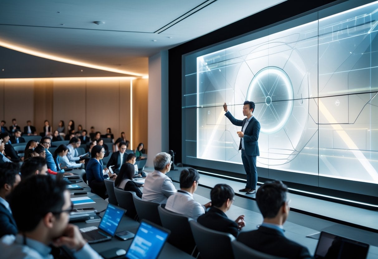 A speaker presenting to an attentive audience in a modern conference room with abstract futuristic graphics on a large screen.