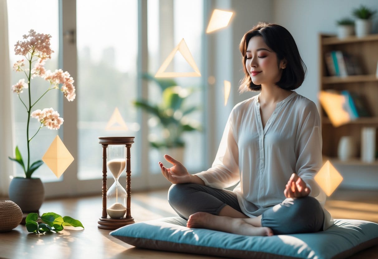 A person sitting peacefully in a sunlit room surrounded by symbols of time and growth, appearing calm and reflective.