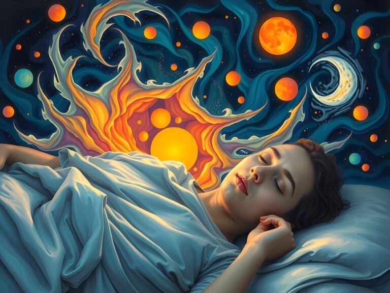 Person dreaming vibrant cosmic fire swirls and planets