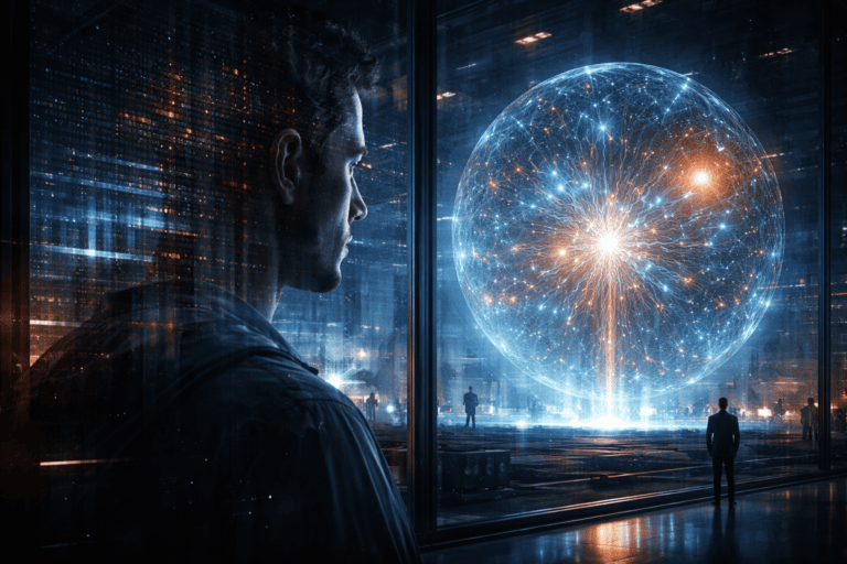 Human figure reflected in advanced AI system, symbolizing consciousness and artificial intelligence