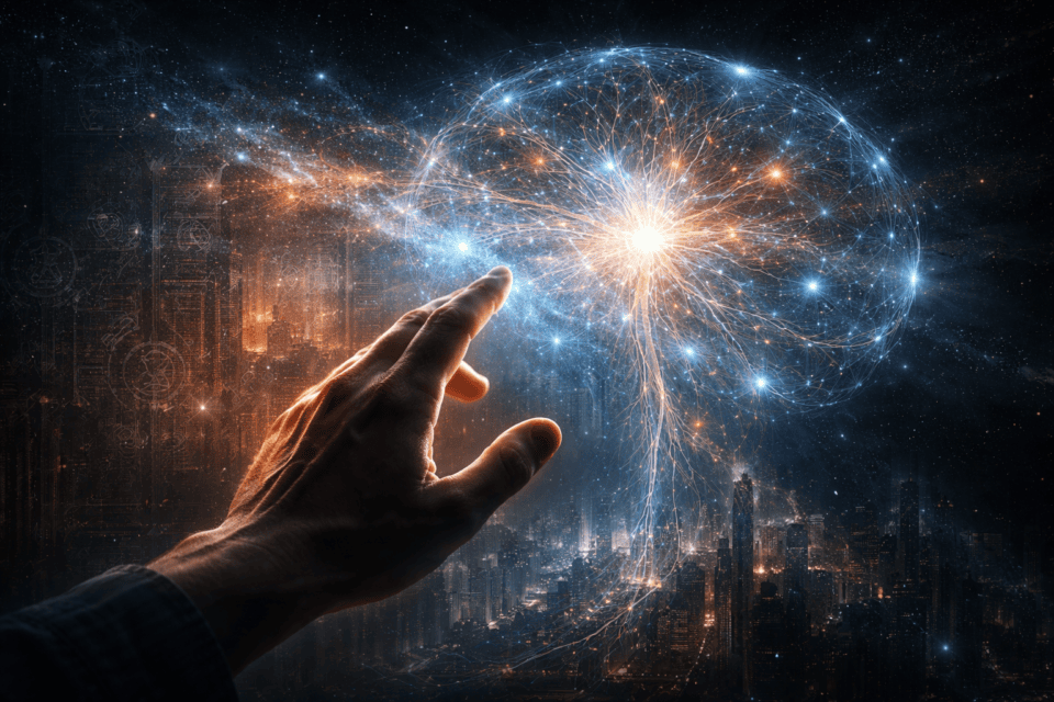 Hand reaching toward glowing neural network over city