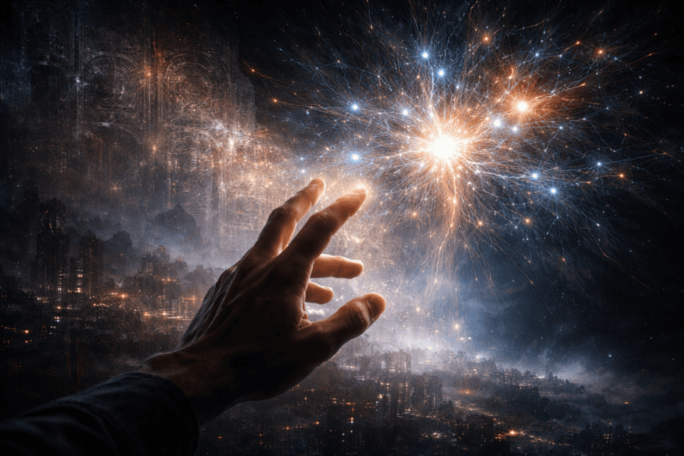 Hand reaching toward cosmic explosion over city