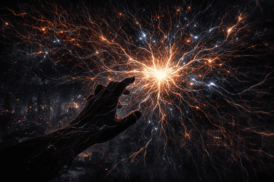 Silhouetted hand reaching toward glowing cosmic energy burst