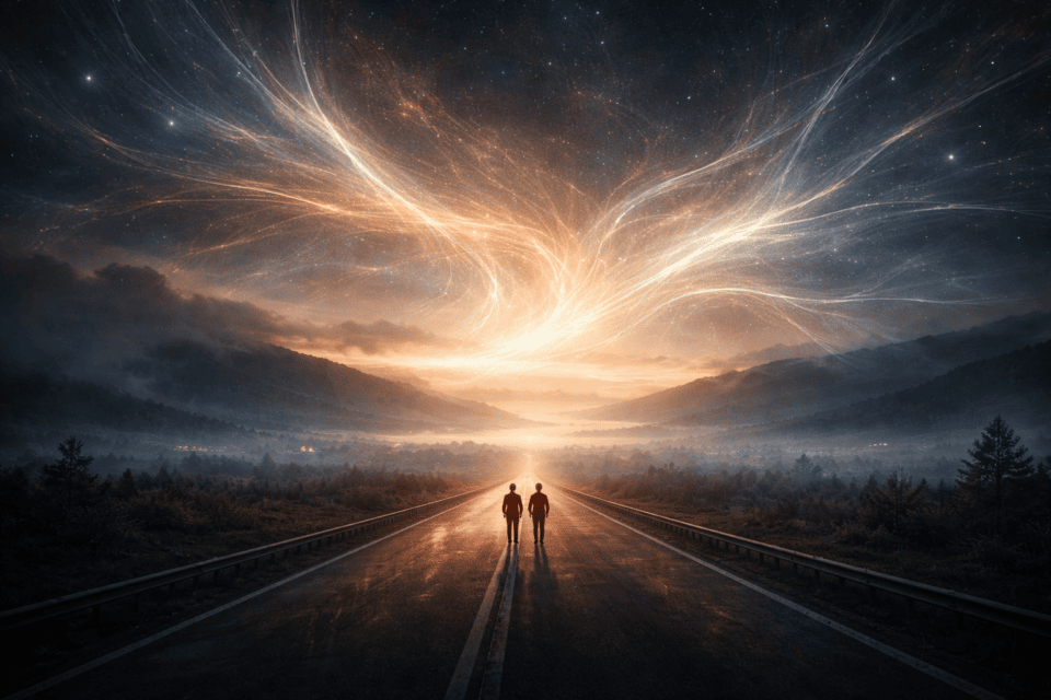 Two figures walking toward glowing cosmic sky