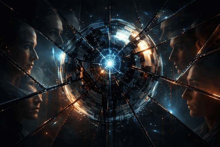 Mirrored faces surrounding glowing futuristic sphere