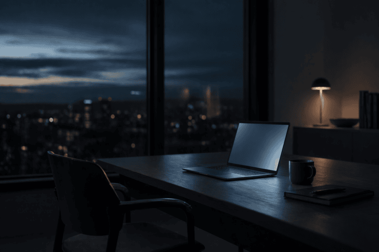 dimly lit workspace with laptop on desk and city lights in background