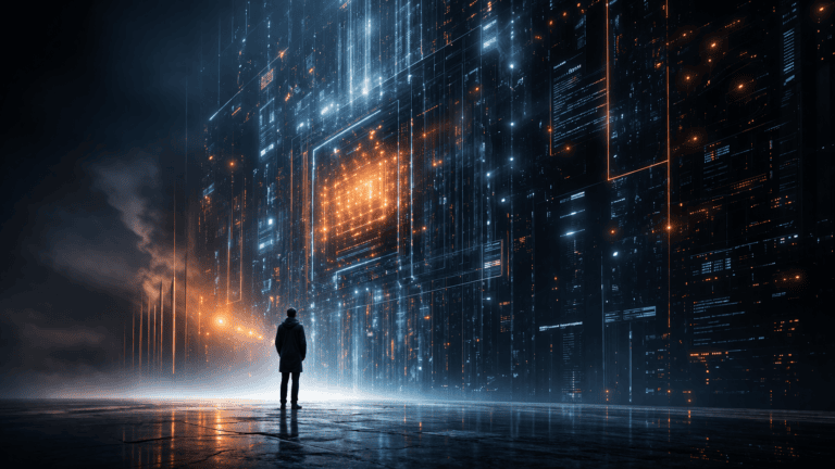 Person facing massive futuristic digital interface wall