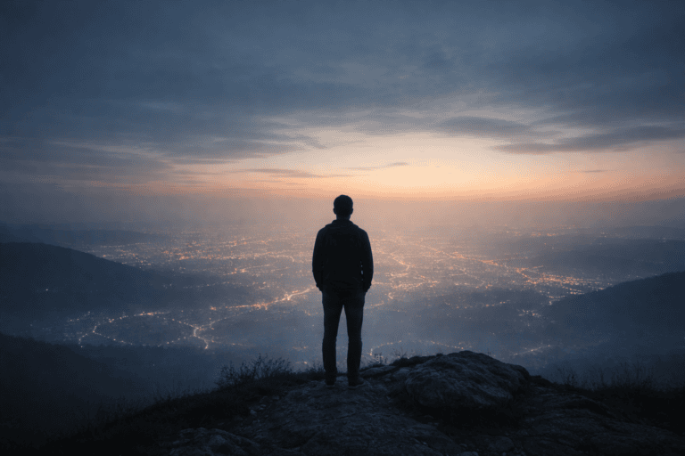 Silhouette overlooking city lights at sunset