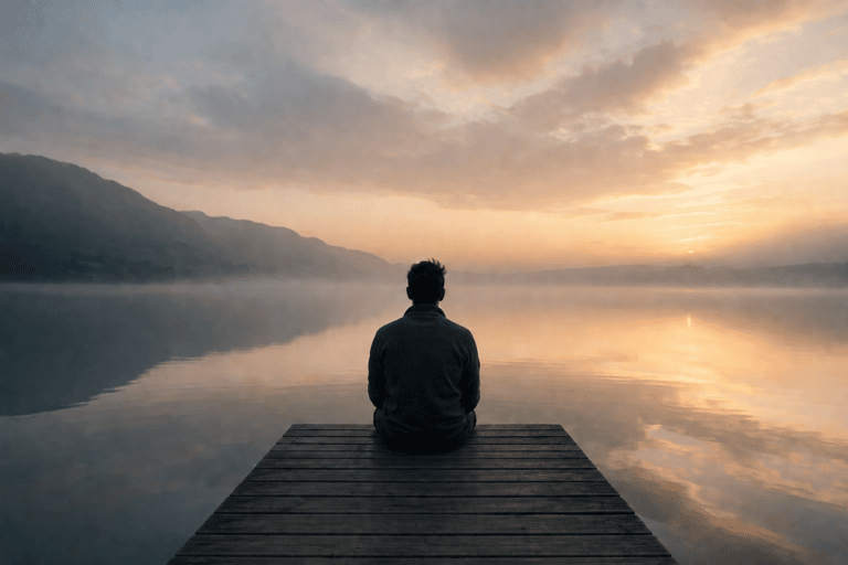 A solitary figure sitting on a wooden dock overlooking a calm misty lake at sunrise, reflecting a quiet and expanded sense of time