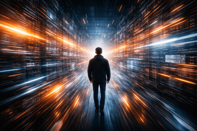 Man walking through futuristic digital light tunnel