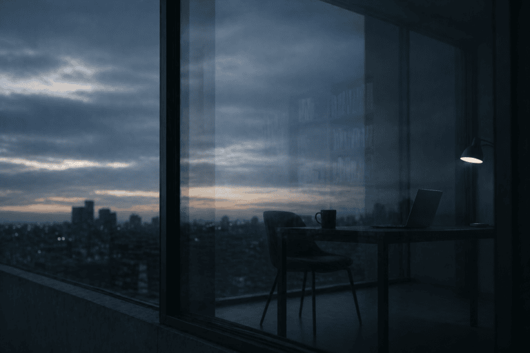dimly lit workspace reflected in glass with city skyline at dusk