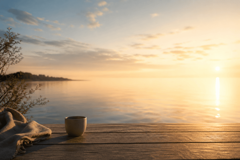 quiet lakeside at sunrise with warm light, wooden surface and cup in still atmosphere