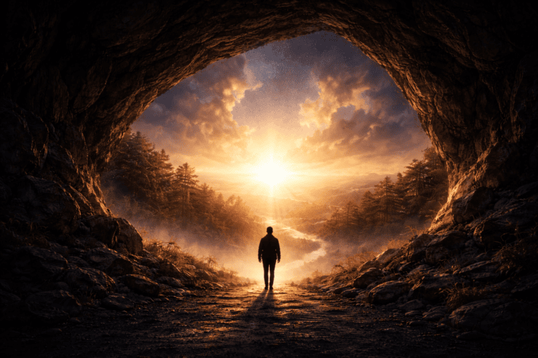 Silhouette at cave entrance overlooking sunrise valley