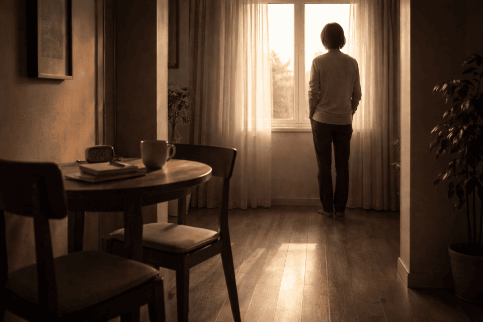 Person standing by sunlit window in cozy room